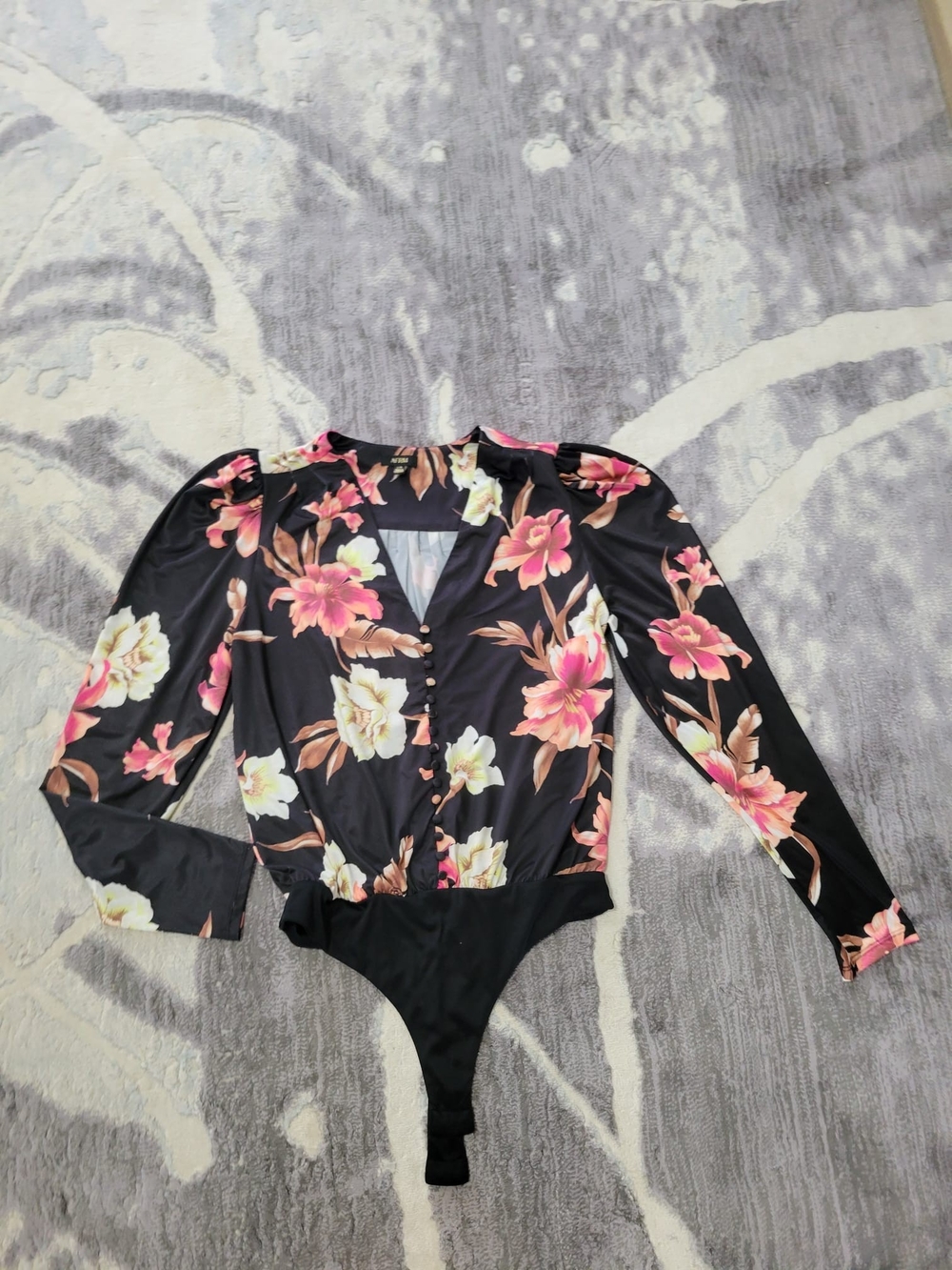 AFRM Black Floral Bodysuit with Pink & Cream Accents Size L